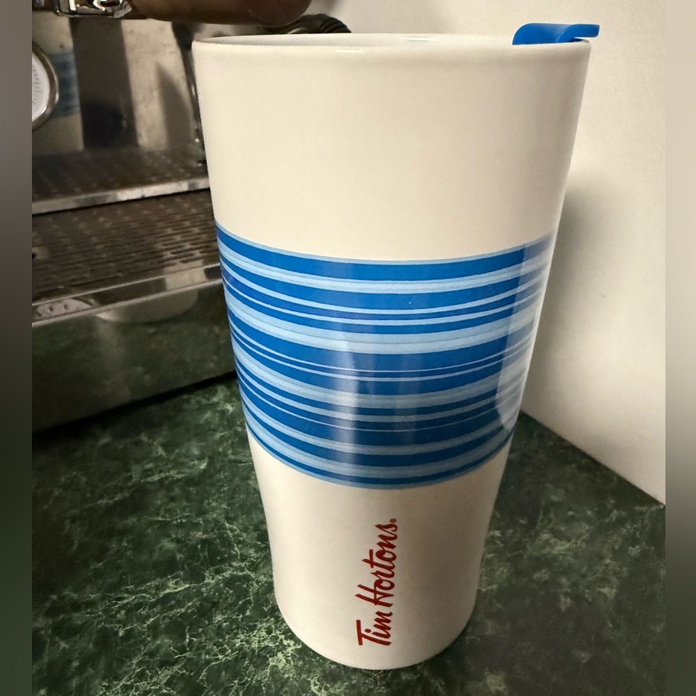 Tim Hortons ceramic Blue Striped Tumbler Travel cup